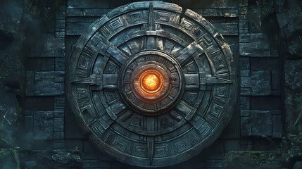 Fototapeta premium Spartan shield in labyrinth of legends. Mayan Ritual. Illustration