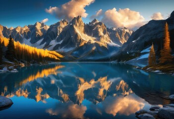Obraz premium stunning reflections clouds majestic mountain peaks creating captivating natural landscape beauty wonder, adventure, alpine, altitude, ambiance, angle
