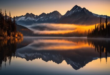 Fototapeta premium breathtaking majestic mountain silhouettes sunrise stunning reflection over calm water surface, landscape, nature, sky, clouds, horizon, view, colors