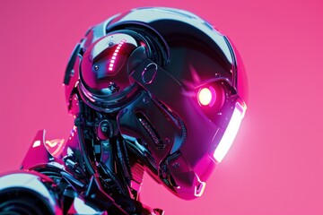 Close-up of futuristic robot head with illuminated features. Robotics marketing or sci-fi storytelling.