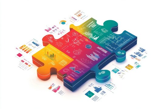 a colorful illustration of a puzzle piece fitting into place, composed of various infographic elements, such as charts and graphs, symbolizing data analysis and insight illustration