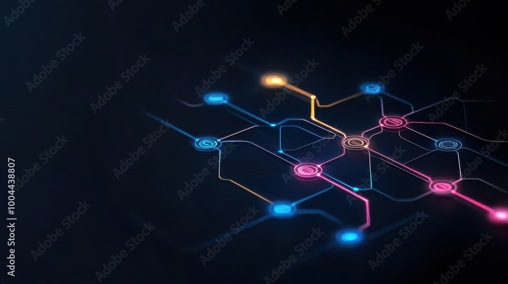 Poster electronic support system flowchart, glowing pathways indicating streamlined processes, neon digital