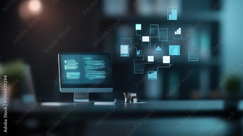 Poster virtual office environment with ai aid, translucent process charts, depicting seamless digital workf