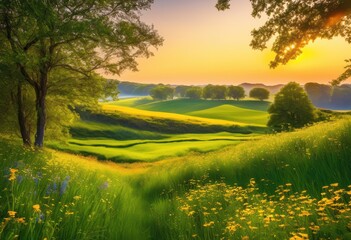 Obraz premium serene sunlit mornings above verdant green fields clear blue skies gentle breezes, sunlight, landscape, nature, meadow, horizon, sky, clouds, spring