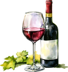 Red wine bottle and glass Watercolor clipar