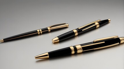Fototapeta premium A luxurious pen set with sleek gold accents, neatly arranged in a velvet-lined case, set against a black background, perfect for showcasing high-end gifts.