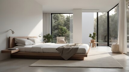 Fototapeta premium A minimalist bedroom with a neatly folded bed, soft white linens, and no other furniture, evoking calmness and simplicity with soft morning light filtering in.