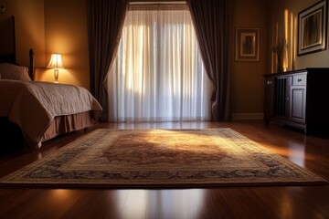a cozy bedroom with a plush area rug and a floor-to-ceiling curtain
