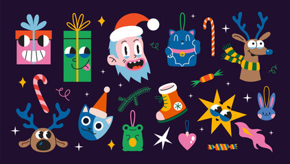 Fototapeta premium Set with Christmas attributes, groovy characters, Santa Claus, reindeer, cat and festive elements. Trendy modern vector illustration in bright colors on dark background, hand drawn, flat design