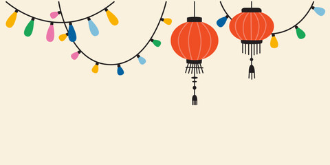 Background with Hanging red Chinese lantern and garlands with colorful light bulbs. Vector illustration, hand drawn, flat design © WinWinFolly