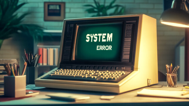 Vintage personal computer displaying system error on desk at night