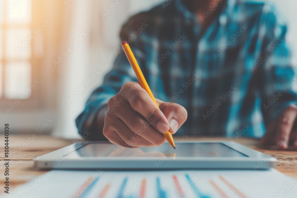 Poster close-up of a hand using a pencil on a tablet with colorful charts on the desk, highlighting modern 