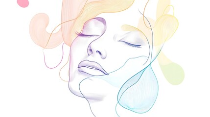 A beautiful line drawing of a face, eyes closed and lips slightly parted in an elegant pose, with colorful abstract shapes floating around it.
