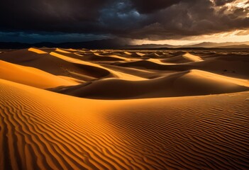 Naklejka premium vibrant sand dunes flowing under dramatic stormy sky swirling clouds soft light amidst tempestuous weather conditions, desert, landscape, color, texture