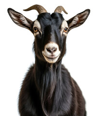 A close-up portrait of a black goat with gentle eyes and curved horns, exuding a calm and friendly demeanor. Perfect for animal themes, farm life, or rural settings.