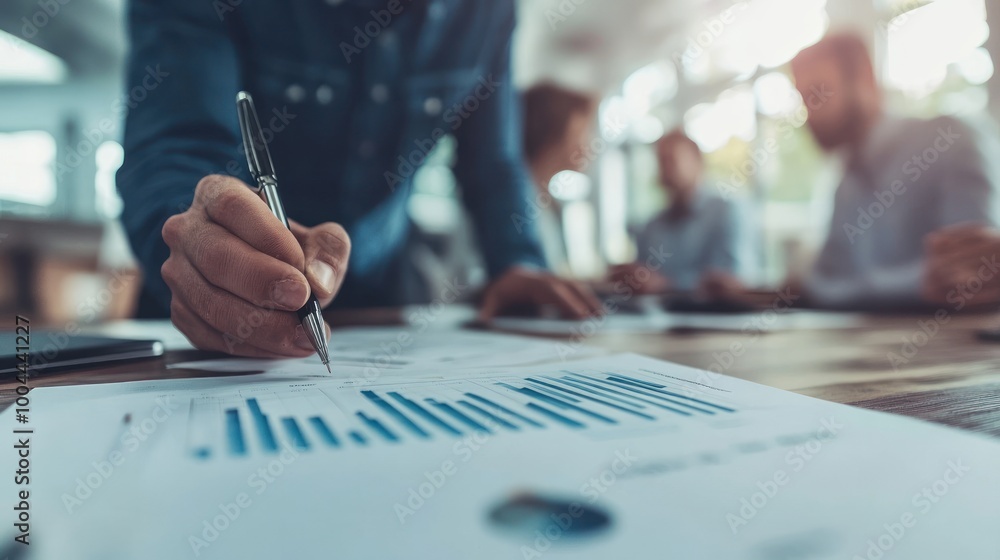 Poster a person analyzing data graphs on paper during a business meeting.