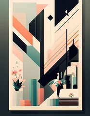 Modern minimalist funeral flyer design with geometric patterns and soft colors for a serene tribute event. Generative AI