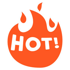 A bold orange symbol displaying flames and the word HOT in white text, indicating heat or spiciness. Ideal for digital graphics, marketing materials, food packaging, culinary presentations, and