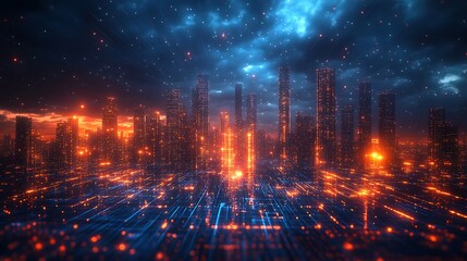 Obraz premium A digital city at night, glowing with advanced tech and lights. 