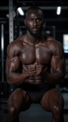 Fototapeta premium Black athletic trainer demonstrating a powerful squat in action. Fitness and strength training programs.