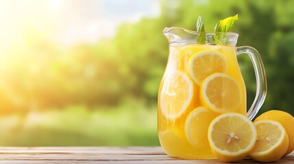 A refreshing pitcher of lemonade filled with lemon slices, surrounded by a vibrant outdoor setting illuminated by sunlight.