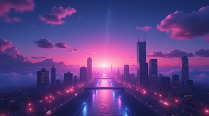 Futuristic cityscape at sunset with a prominent sun, skyscrapers, glowing roads, and a starry sky above the clouds.