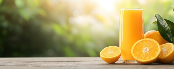 Naklejka premium Fresh orange juice served in a glass, along with whole oranges, against a soft-focus green background, capturing a vibrant and refreshing vibe.