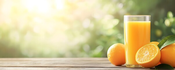 Naklejka premium A refreshing glass of orange juice next to fresh oranges, set against a bright, sunlit background with a wooden surface.