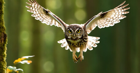 Obraz premium A Northern Pygmy-Owl in mid-flight, with its wings spread wide and sharp eyes focused. This captivating image captures the agility and predatory nature of this small owl species.
