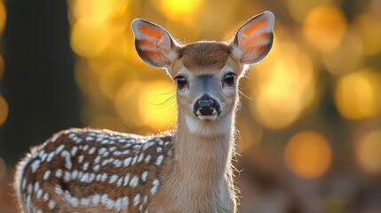 Young fawn stands gracefully in a lush forest with golden sunlight filtering through the trees during early morning