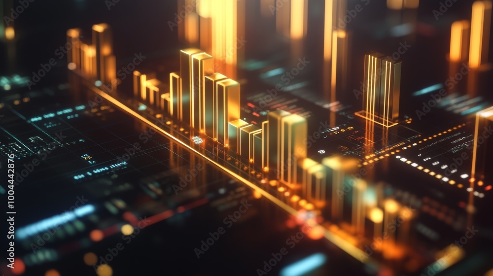 Poster a 3d bar graph depicting annual revenue growth, with gold and silver bars on a dark background, illu