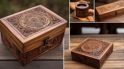 A unique wooden puzzle box with intricate carvings and a hidden compartment, set on a rustic table, perfect for gifting to puzzle lovers and collectors.