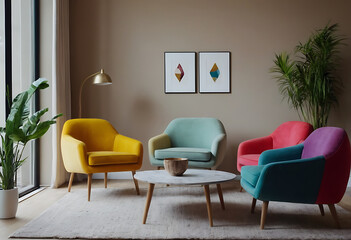 A vibrant and modern living room featuring colorful armchairs in yellow, green, and red, arranged around a white coffee table. Two abstract art prints adorn the wall, adding to the contemporary aesthe