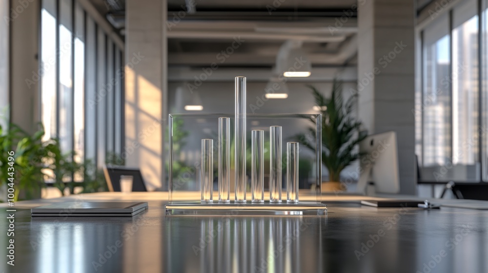 Leinwandbilder A 3D bar graph in an office setting, with the bars rising from a transparent glass surface, representing quarterly business performance metrics with labels.