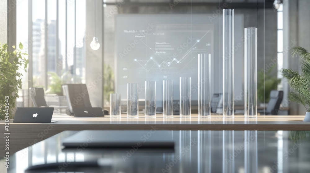 Leinwandbilder a 3d bar graph in an office setting, with the bars rising from a transparent glass surface, represen