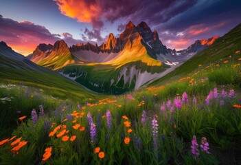vibrant landscape majestic mountain peaks surrounded lush greenery colorful sky, alpine, beauty, canvas, clouds, distant, elevation, exploration, field