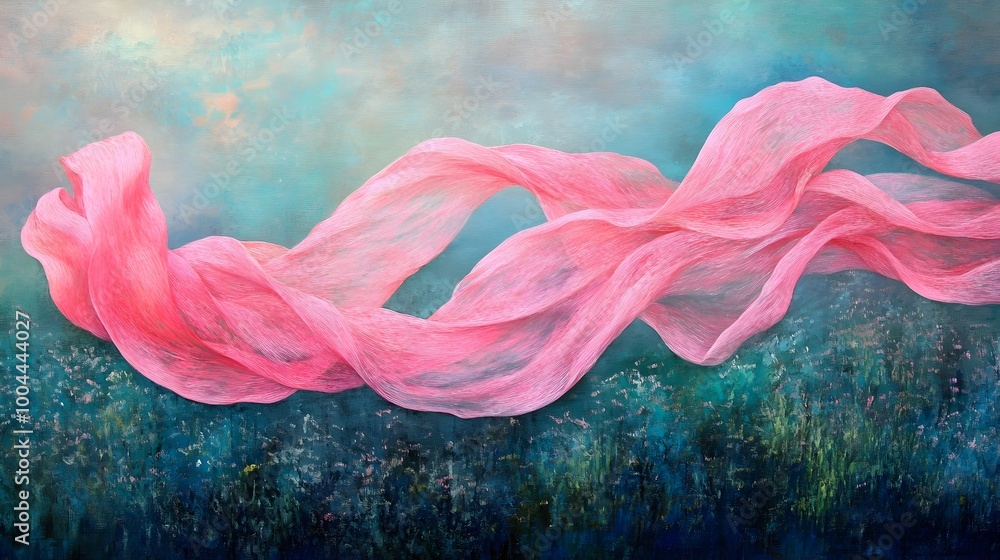 Poster ethereal floating pink ribbon symbolic of life s ebb and flow suspended in time and space with wispy