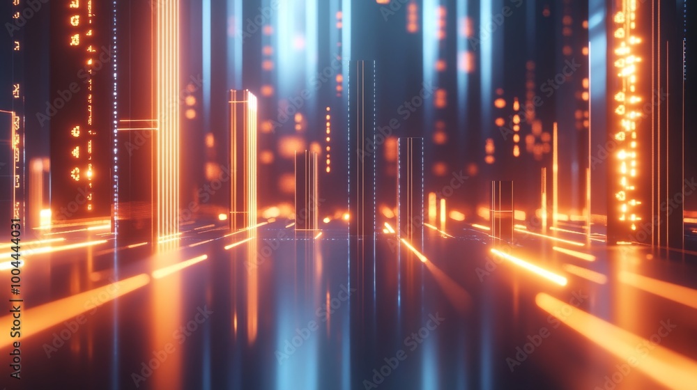 Poster a 3d bar graph rising from a sleek, metallic surface, with glowing numbers and percentages floating 