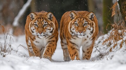 Obraz premium Two tigers walking through a snowy forest during winter, showcasing their striking beauty and powerful presence in nature