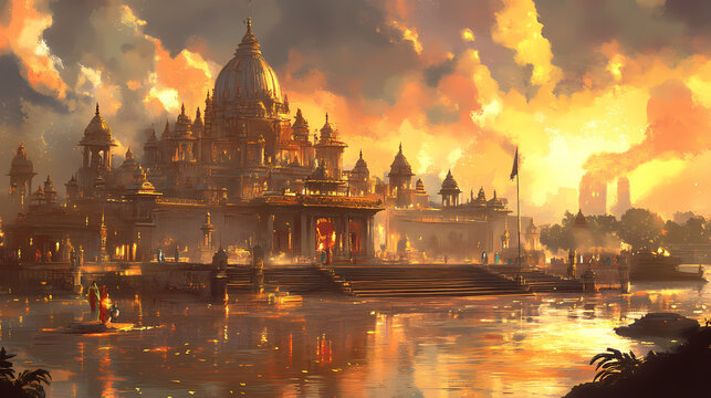 Shri ram mandir temple in ayodhya,birth place lord rama, january ,f pran pratishtha of shri ram. Hindu Temple. Illustration