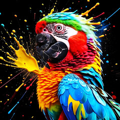 Colorful parrot in the art style on a black background.