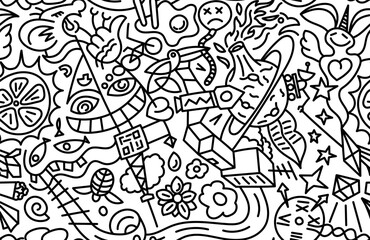 Abstract linear doodle seamless pattern. Black bold marker outline chaotic endless print on white backdrop. Modern trendy scribble urban style shapes. Contemporary monochrome art ink graphic design