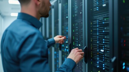 A close-up of an IT technician adjusting server racks in a data center, symbolizing network maintenance, technology management, and IT infrastructure.