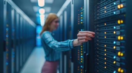 A female IT technician working on server racks in a data center, symbolizing network maintenance, technology management, and IT infrastructure operations.