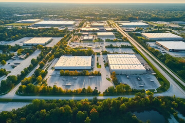An aerial view of a modern industrial zone showcasing large warehouses and a broad central lot surrounded by vibrant greenery and trees