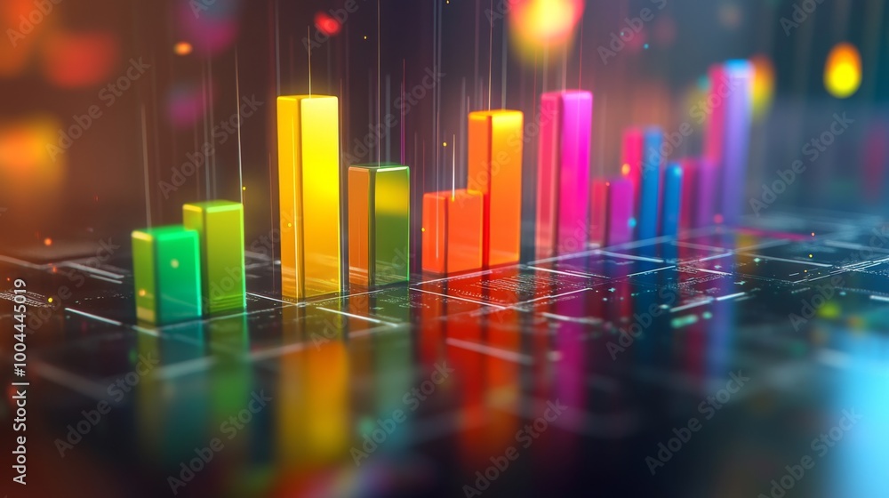 Poster a 3d bar graph with colorful bars rising from a sleek, glossy surface, each bar representing differe