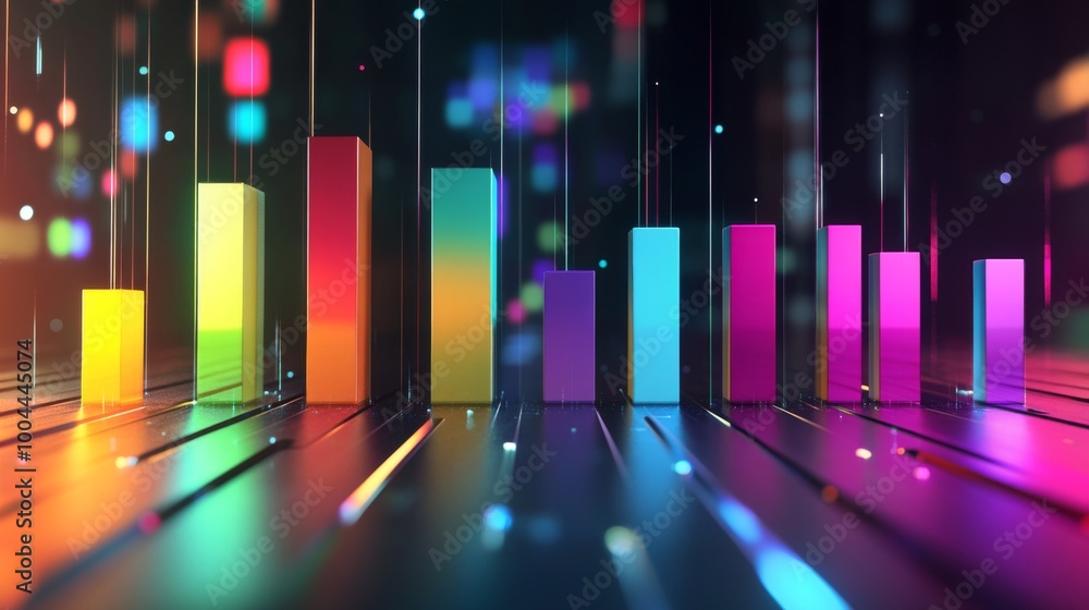 Poster a 3d bar graph with colorful bars rising from a sleek, glossy surface, each bar representing differe