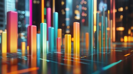 Obraz premium A 3D bar graph with colorful bars rising from a sleek, glossy surface, each bar representing different data points in a futuristic business presentation setting.