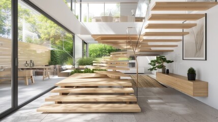 Fototapeta premium Modern Interior Design with Wooden Staircase and Natural Light