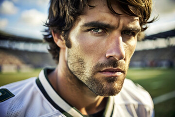 Fototapeta premium Intense football player with focused expression on field